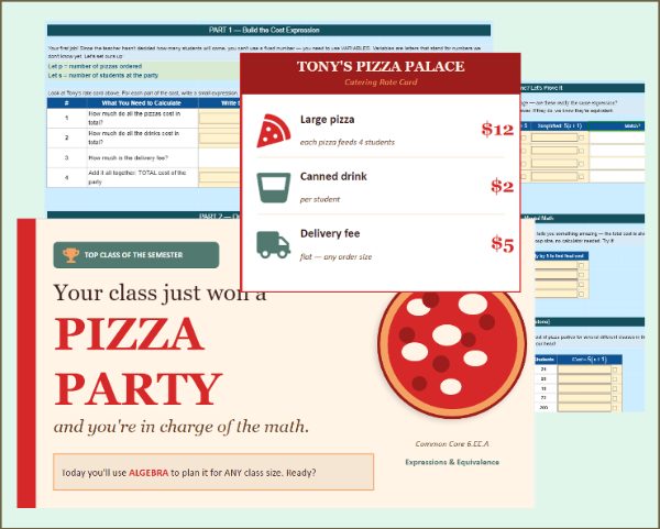 RealMath | Pizza Party Math: Writing & Simplifying Expressions