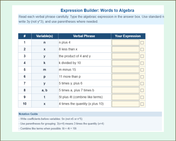 Expression Builder: Words to Algebra