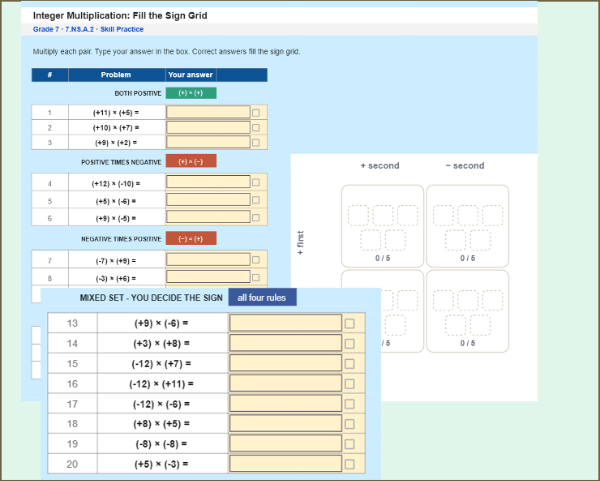Integer Multiplication: Fill the Sign Grid
